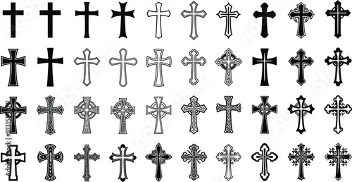 Set of Crosses, Crucifixes, and Christian Symbols, Various Religious Designs, Celtic, Latin, Decorative, Church, Faith, and Spirituality Icons Vector Collection.