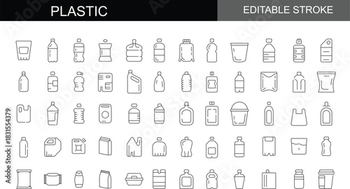 Comprehensive Plastic and Packaging Icon Collection: Editable Stroke Vector Line Icons for Recycling, Manufacturing, Bottles, Containers, and Waste Management
