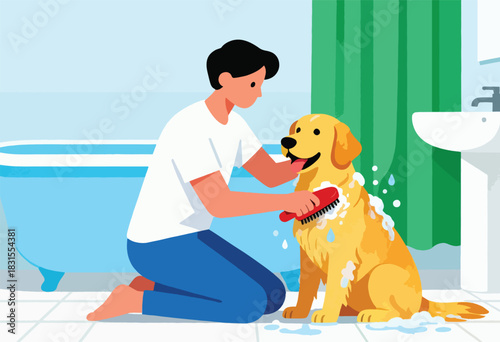 A person kneels, washing a golden retriever with a brush in a bathroom scene, showing hygiene and care