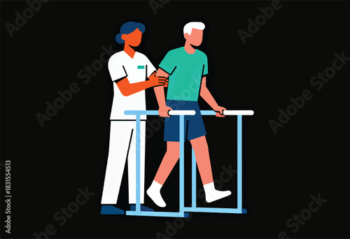 A healthcare worker assists a patient with rehabilitation, the patient using a walking frame