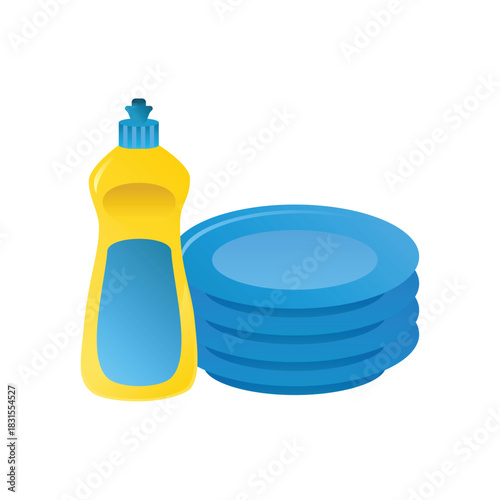 Dishwashing Soap Detergent Bottle and Stack of Clean Plates