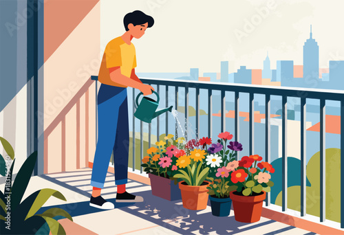 Illustration of a person watering flowers on a balcony, city backdrop. Sunlit scene evokes peace