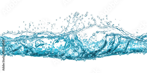 Dynamic refreshing blue water splash with bubbles and droplets on surface