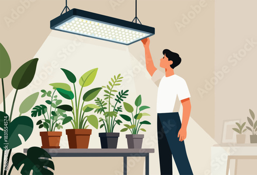 A person adjusts a grow light over potted plants in a well-lit interior. Greenery adorns the scene