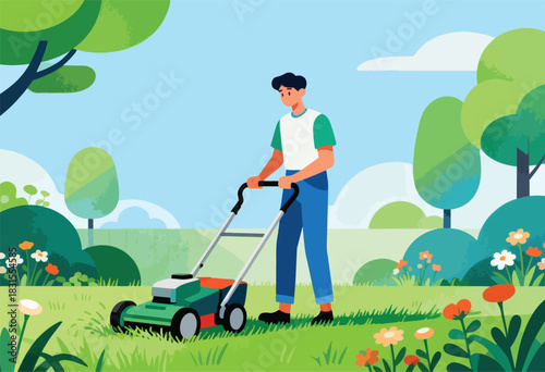 A man mows a green lawn with a push mower. A garden scene with trees, flowers, and a blue sky