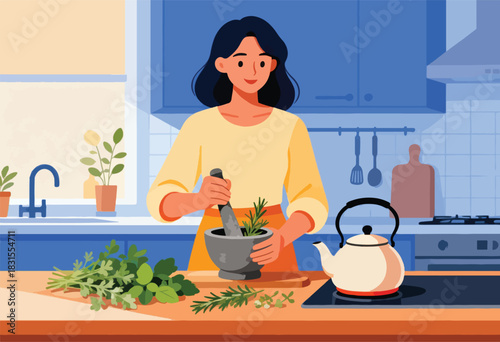 A woman in a kitchen grinds herbs with a mortar and pestle. Fresh herbs lay on the counter beside a kettle