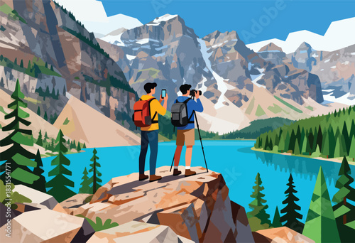 Two people on a rocky outcrop, overlooking a glacial lake and mountains. One takes a photo with a phone, the other with a camera