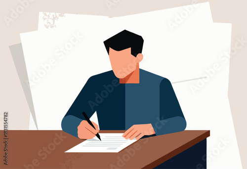 A faceless figure, writing on a paper at a desk, simple art style, with paper scraps in background