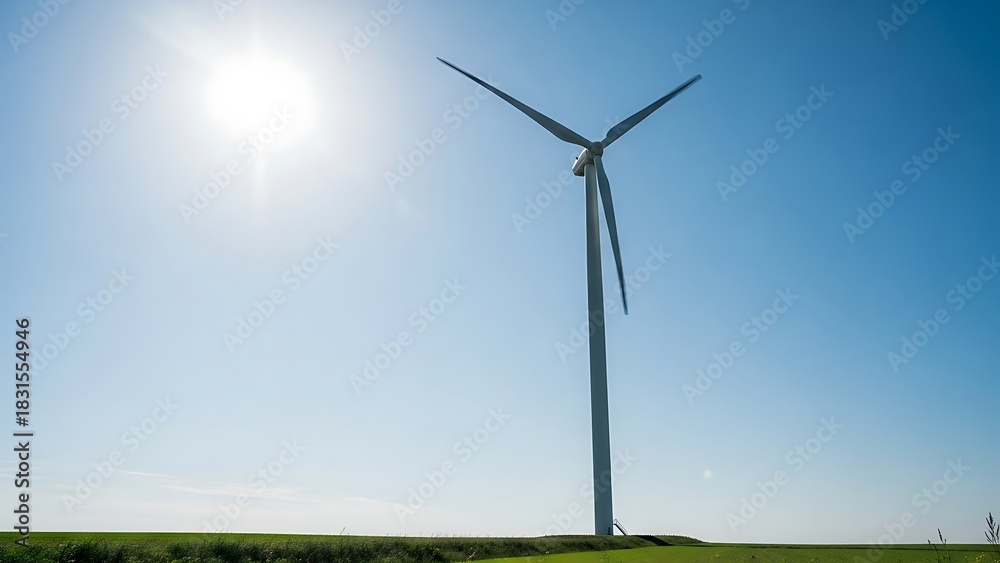 Obraz premium Green energy mill generates alternative power and electricity from wind turbine technology in a blue sky environment
