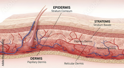 Human skin anatomy layers, hair follicle, blood vessels and nerve endings diagram