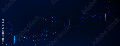 Abstract scientific vector background. Interlacing hexagons of various shapes on a dark blue gradient with a plexus effect. Hexagon background
