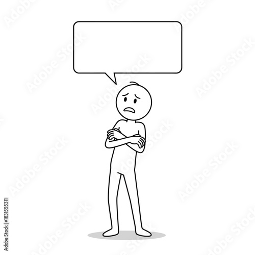 Stickman with a small speech bubble showing a nervous and uneasy expression. Clean outline vector.