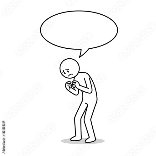 Stickman hunched forward holding hands in a nervous and shy pose. Minimal line-art vector.