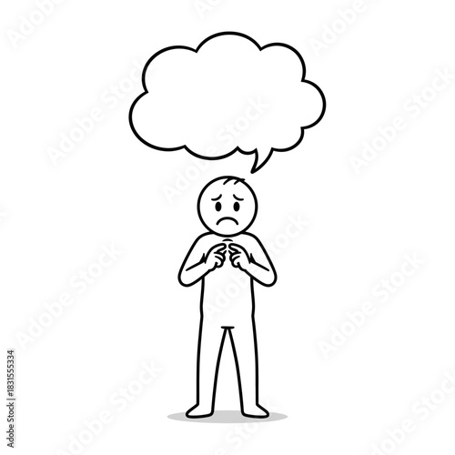 Stickman with a nervous expression and a large thought cloud above, indicating overthinking. Clean vector illustration.