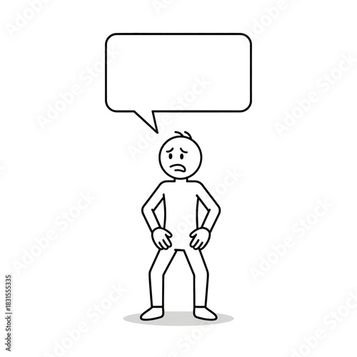 Stickman standing with a nervous and tense posture, hands on hips. Minimal outline vector style.