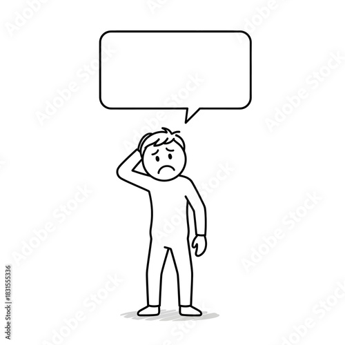 Stickman touching the back of his head with a nervous expression and speech bubble. Clean outline illustration.