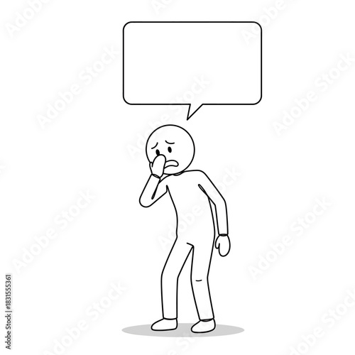 Stickman character showing a shy and nervous pose with a speech bubble. Simple black-and-white vector illustration.