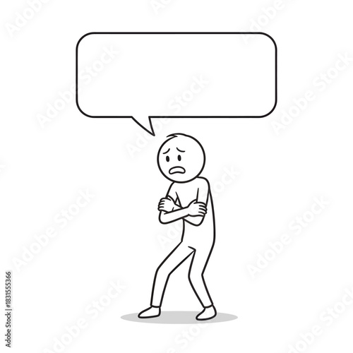 Minimalist stickman with a nervous and shy expression accompanied by a speech bubble. Clean line-art vector.