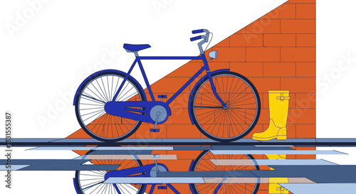 A charming blue bicycle and a cheerful yellow rain boot are perfectly positioned against a warm orange brick wall, with a contemporary graphic reflection below.