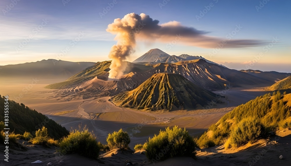 Obraz premium Dramatic volcano erupting with smoke against a mountain landscape at sunset