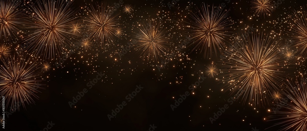 Naklejka premium Golden fireworks bursting across a dark background with sparkling glitter and elegant light trails. Ideal for New Year celebrations, festive events, luxury holiday designs, and party visuals.