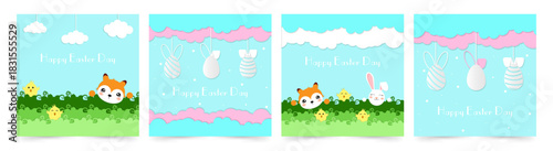 Easter card with chicken eggs, chickens and a fox in the style of cut-out paper. Collection of postcards