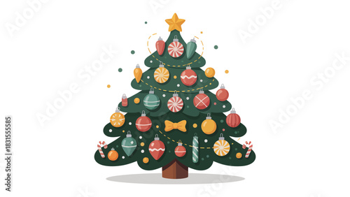 Festive Holiday Decoration: A charming illustration of a decorated Christmas tree with ornaments, star, and festive spirit.