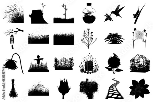 Assorted Black and White Silhouettes of Plants and Garden Elements Keywords: grass, stump, tree
