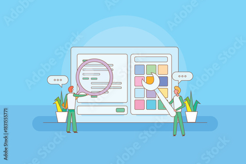 Team of software engineers equip with tools and magnifier inspect code, resolve errors and update version of mobile app development.