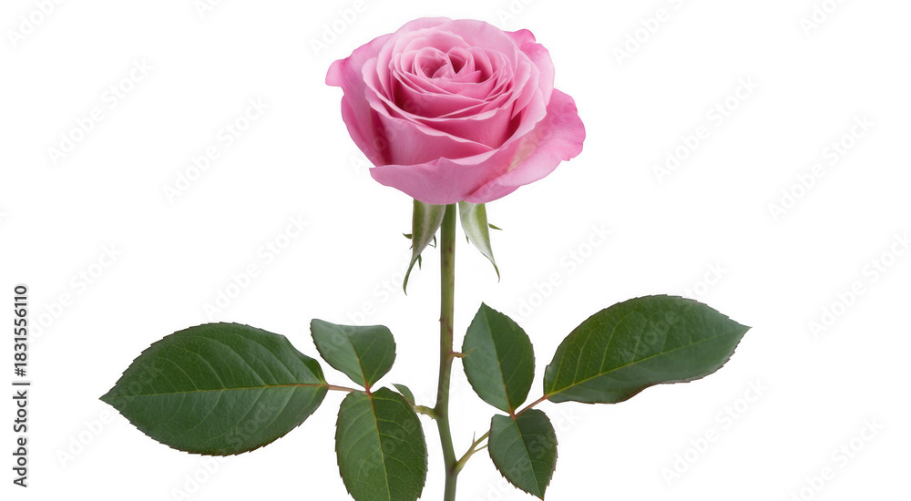 Obraz premium Single pink rose with green leaves on a black background isolated on a transparent background
