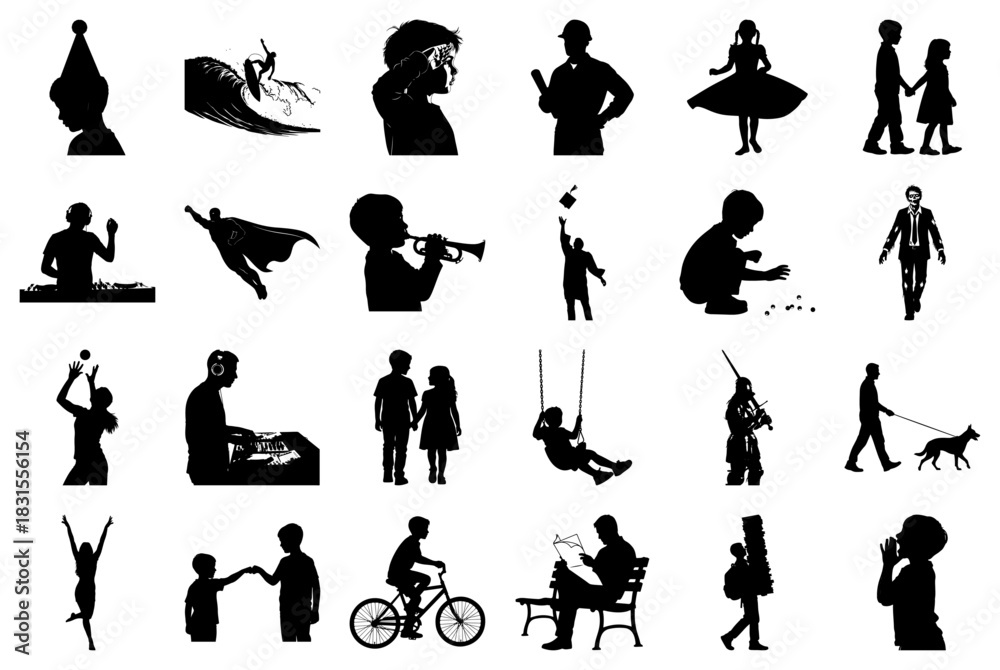Obraz premium Collage of Silhouettes Featuring People and Activities Keywords: silhouette, people, activity
