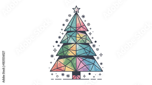 Geometric Christmas Tree Illustration: A festive geometric Christmas tree illustration adorned with a star, embodying the spirit of the holiday season and offering a modern, minimalist design.