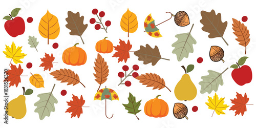 Autumn harvest elements: fall leaves, pumpkins, apples, acorns, berries.