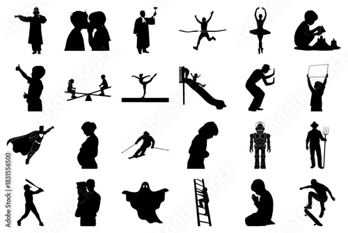 Collection of Black Silhouettes of People and Objects Keywords: silhouette, people, child, adult