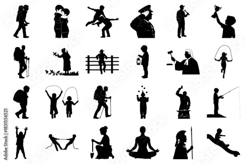Collection of Silhouettes Depicting Family, Sports, and Professions