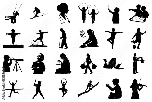 Collection of Silhouettes Depicting People and Activities Keywords: silhouette, people, activity