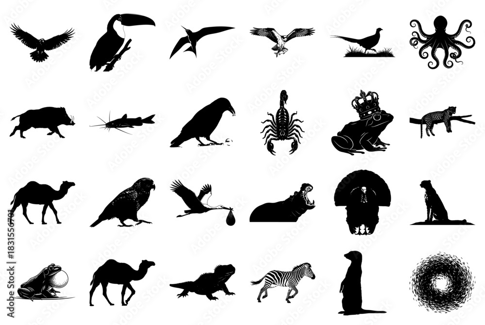 Obraz premium Diverse Animal Silhouettes in a Grid Format Keywords: bird, eagle, falcon, owl, parrot, raven
