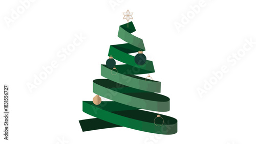 Abstract Christmas tree: A modern, minimalist rendition of a festive Christmas tree, constructed from spiraling green ribbon and adorned with elegant ornaments.