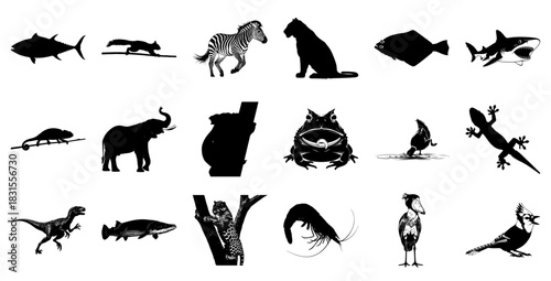 Diverse Animal Silhouettes in Grid Format Keywords: animal, silhouette, grid, collection