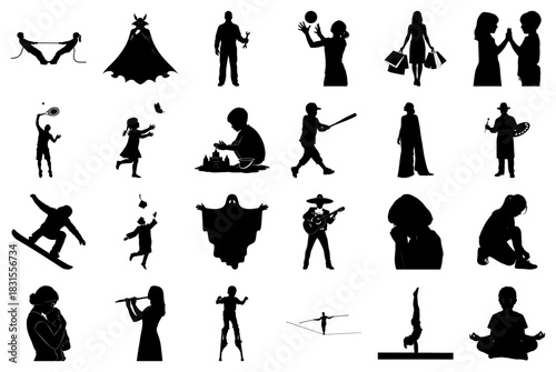 Diverse Silhouettes of People and Fantasy Figures Keywords: silhouette, people, fantasy