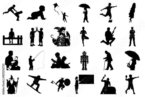 Diverse Silhouettes of People and Objects on White Background Keywords: silhouette, people
