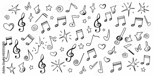 Hand drawn music notes stars hearts and swirls on white background