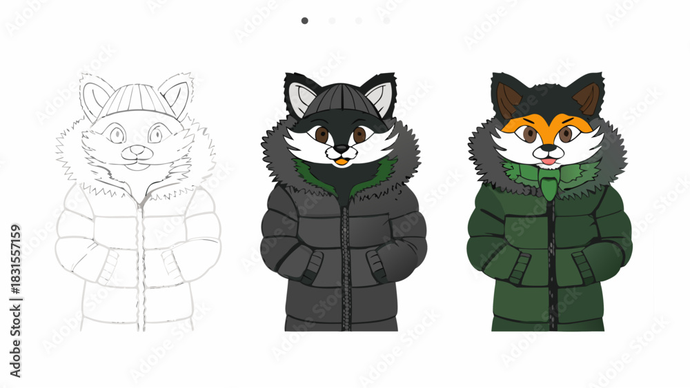 Obraz premium Fox character evolution, from sketch to fully colored winter outfit, a charming cartoon animal icon