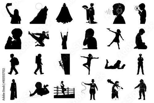 Silhouettes of People in Diverse Actions and Professions Keywords: people, silhouette, grid