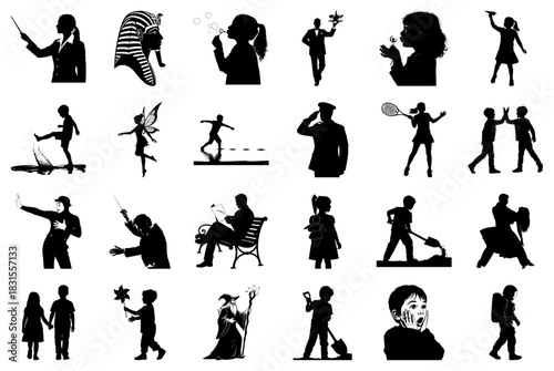 Silhouettes of People in Educational, Professional, and Playful Scenarios