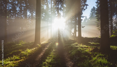 太陽の光が射す森の中。In the forest under the sunlight.