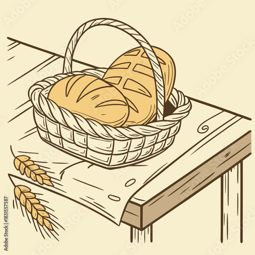 Freshly Baked Bread in a Woven Basket: A charming illustration depicts freshly baked bread nestled inside a woven basket, resting upon a rustic wooden table. Close by, wheat sits.