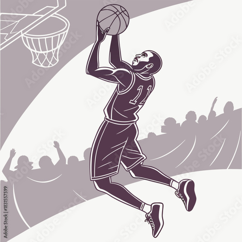 Dynamic Dunk: A determined basketball player soars towards the hoop, ball in hand, eyes fixed on the target, amidst the cheering crowd. This graphic art captures the thrill of a slam dunk.