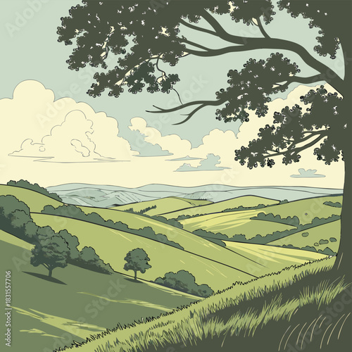 Rolling Green Hills Landscape: A picturesque countryside scene unfolds with undulating green hills, trees and gentle sky, depicting serenity.