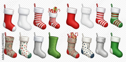 A collection of various Christmas stockings in different colors and patterns, some filled with gifts, on a transparent background.